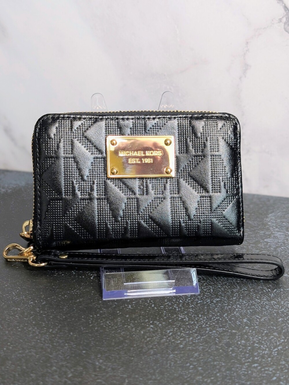 Michael Kors Black Embossed MK Zip Wristlet with Gold Plate - NWOT